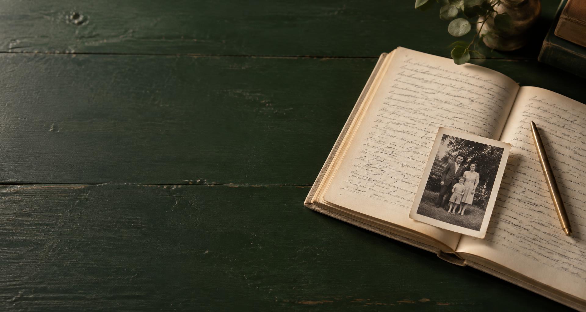 An open family journal, an old family photograph, and a brass pen on a forest-green table